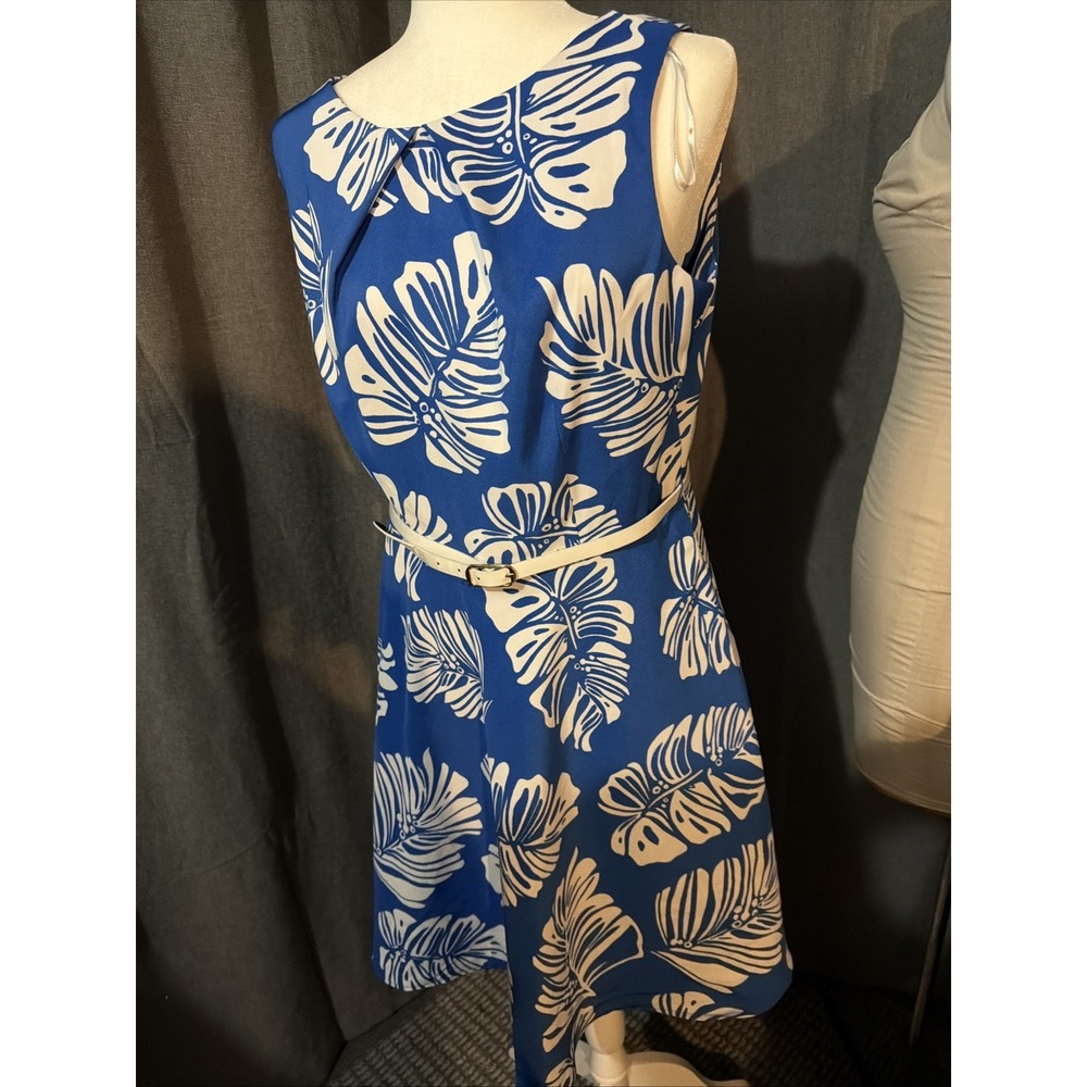 Blue Tropical Monstera Leaf Print Belted Fit and Flare Dress Sleeveless Pleated